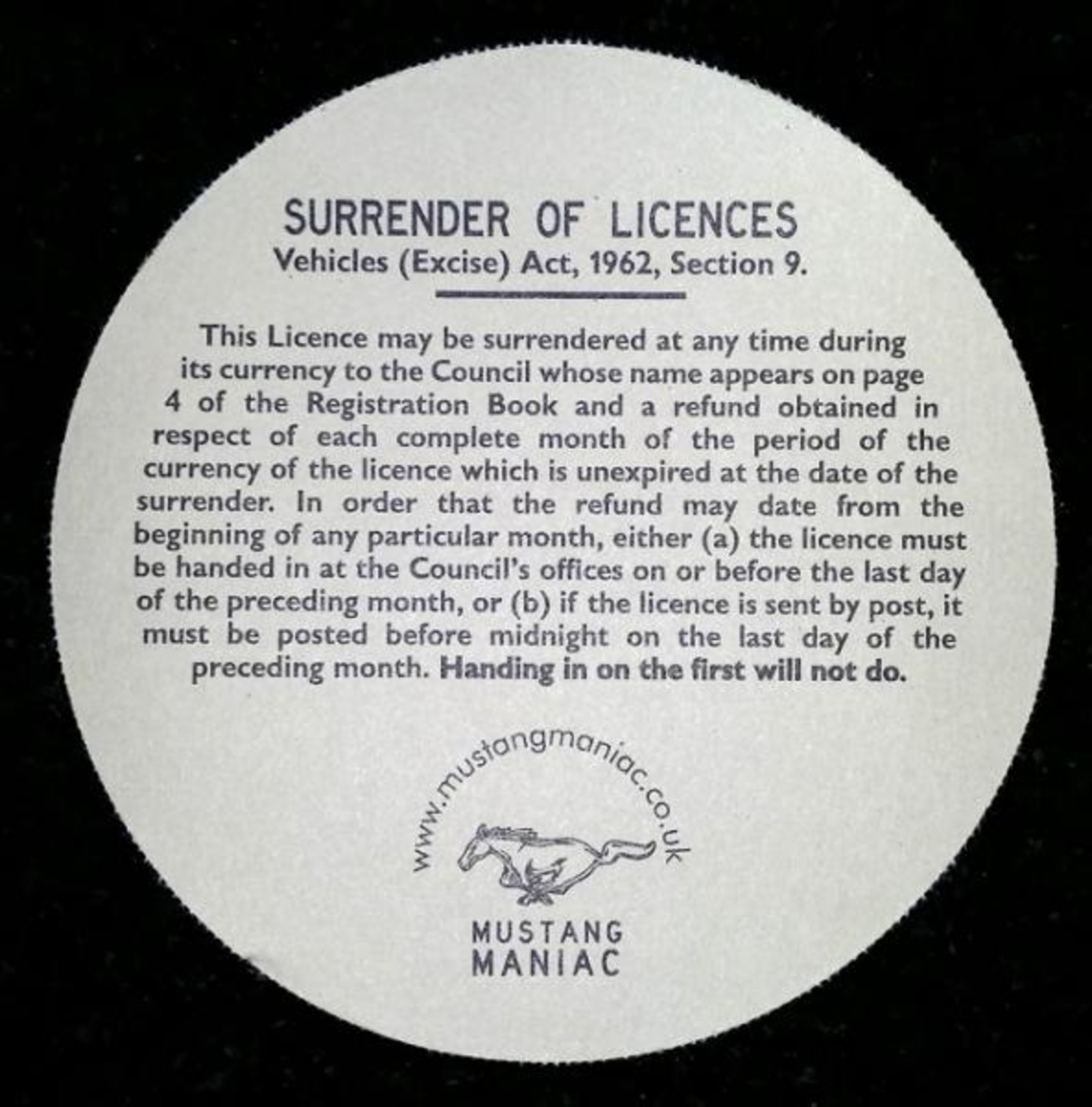 April 68 Mustang Stamp Tax Disc